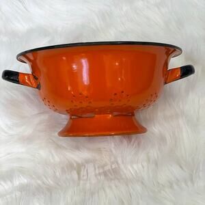 Polish Huta Silesia Enamelware Orange Colander Strainer Floral Pattern Vtg READ
